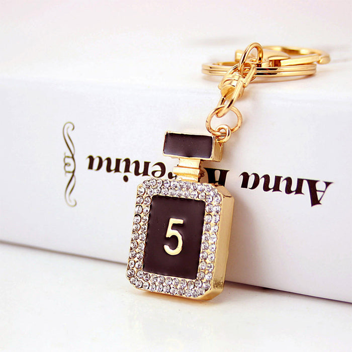 Rhinestone Number 5 Perfume Bottle Keychain Metal Bag Charm