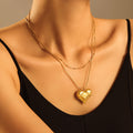 Gold Steel Quilted Heart Pendant Necklace Satellite Chain view 2