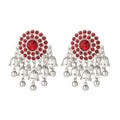 Antique Silver Round Crystal Look Bell Fringe Jhumka Earrings view 5