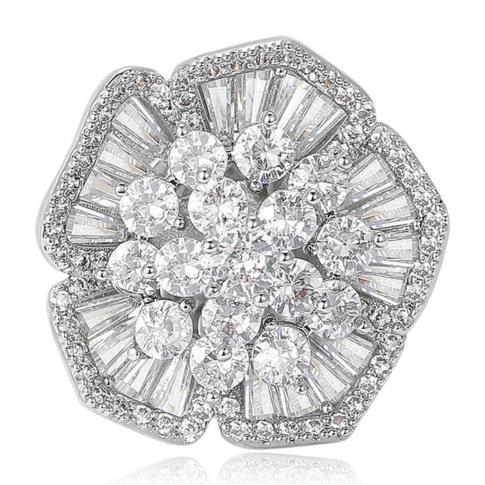 Silver Tone Crystal Flower Brooch With Layered Petals