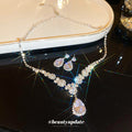 Silver Tone Round Crystal Cluster Necklace And Iridescent Teardrop Earrings view 4