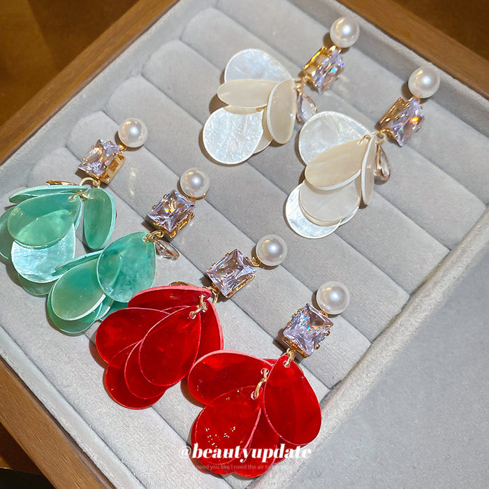 Pearl Effect Crystal Petal Drop Earrings In Three Colors