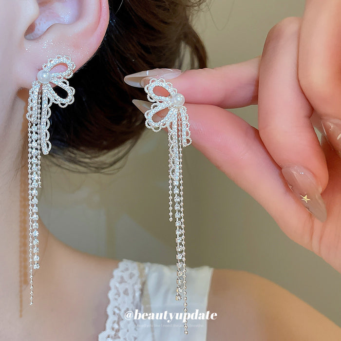 Silver Tone Bow And Chain Fringe Drop Earrings Fashion Jewelry