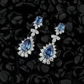 Deep Blue Oval And Pear Floral Halo Long Earrings In Silver Tone view 4