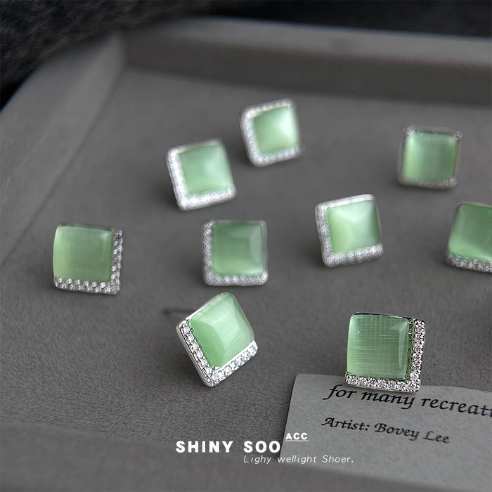 Silver Tone Pale Green Square Stone Clear Corner Halo Stud Earrings