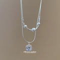 Layered Pearl Bead Necklace with Square Crystal Pendant view 4