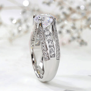 Silver-Tone Round Clear Solitaire Ring with a Split Pave Band