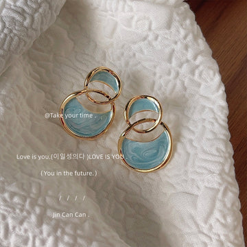 Gold Blue Enamel Interlocking Abstract Double Curve Studs
