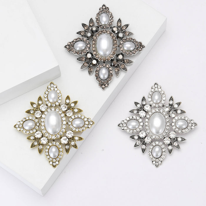 Baroque Style Pearl And Crystal Diamond Brooch In Three Tones