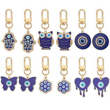 Twelve Piece Gold Tone Owl Heart Butterfly Evil Eye Keychain Set