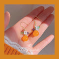Orange Fruit Dangle Earrings Flower Leaf Accents Gold Hooks view 3