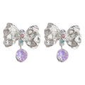 Silver Textured Bow Stud Earrings Iridescent Crystal Drop view 5