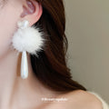 White Pom Pom Pearl Teardrop Stud Earrings With Decorative Metal Accents view 3