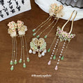 Gold Tone Floral Hair Claws With Green Chain Fringe Or Pearl Like Drops view 2