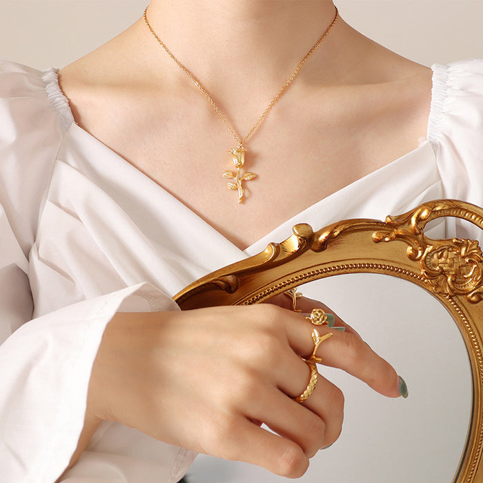 Gold Rose Flower Pendant Necklace On Delicate Cable Chain