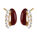 Gold Tone Burgundy Irregular Stone White Pearl Edge Stud Earrings view 5