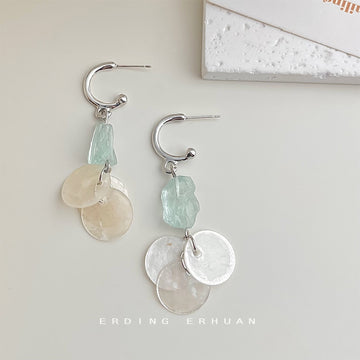 Silver Tone Huggie Hoop Blue Stone And Translucent Disc Earrings