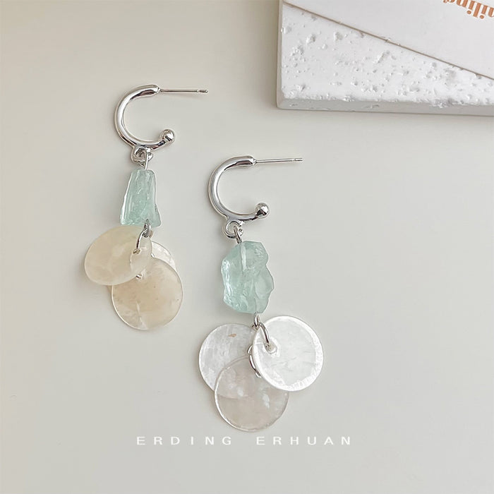 Silver Tone Huggie Hoop Blue Stone And Translucent Disc Earrings