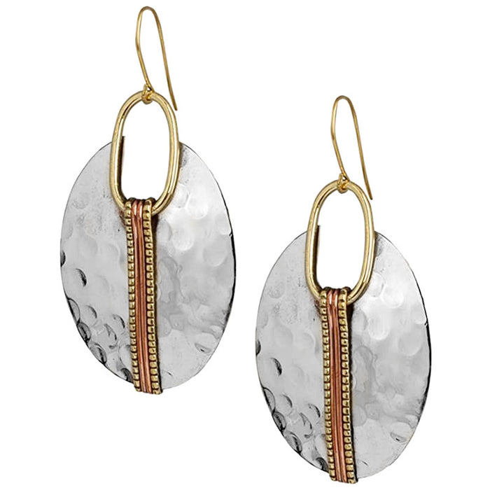 Two Tone Hammered Disc Drop Earrings with Oval Links
