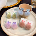 Pink Purple and Green Heart Pom Pom Dangle Stud Earrings view 1