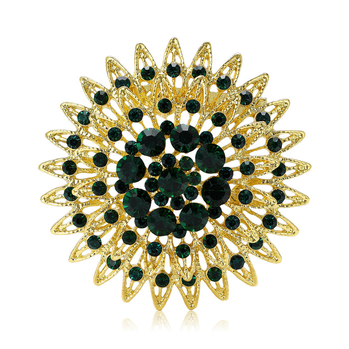 Large Openwork Sunflower Brooch Crystal Cluster Metal Pin