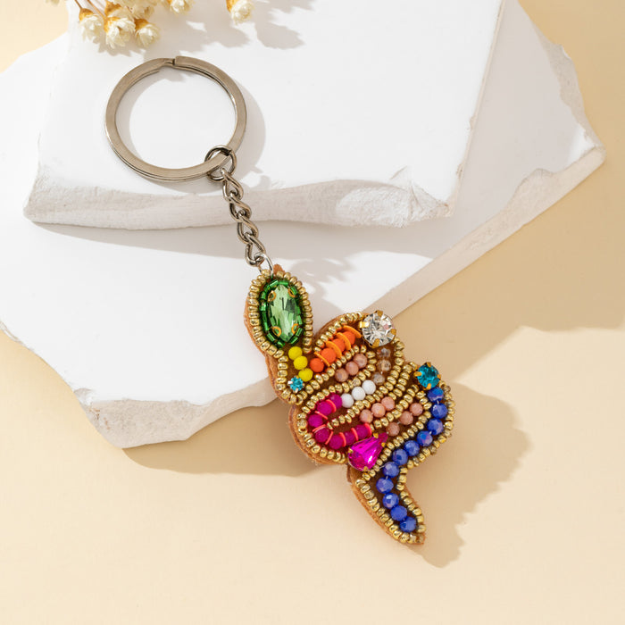 Beaded Rainbow Rhinestone Keychain With Gold-Tone Trim