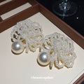 White Beaded Lace Flower Stud Earrings with Faux Pearl Drops view 2