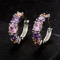 Purple And Pink Three-Stone Hinged Hoop Earrings In Two Tones view 2