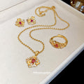 Gold Floral Red Crystal Ball Chain Necklace Studs Open Ring view 3