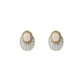 Gold Tone Oval Cabochon White Enamel Fan Stud Earrings view 5