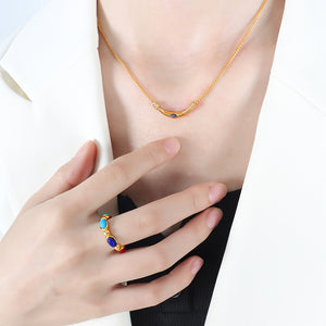 Curved Bar Inlay Necklace Gold Onyx Lapis Tiger Eye
