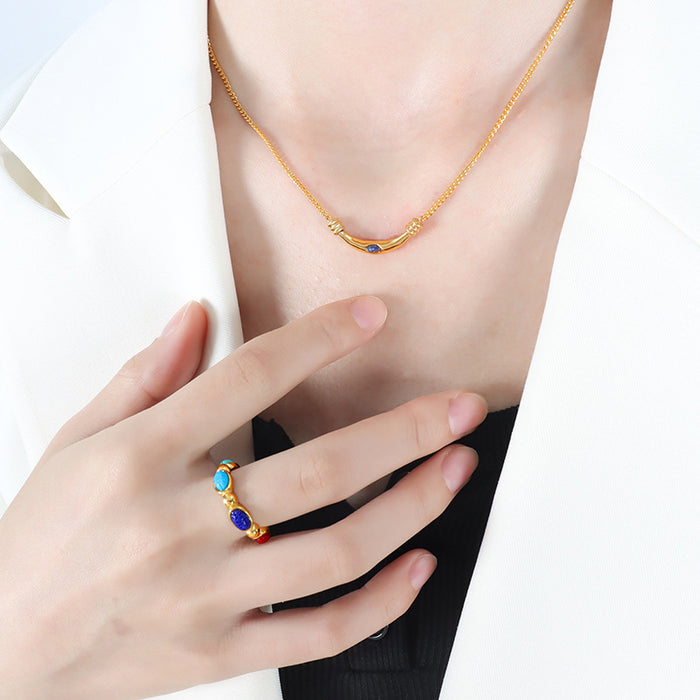 Curved Bar Inlay Necklace Gold Onyx Lapis Tiger Eye