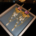 Purple Crystal Pearl Chain Chandelier Earrings in Gold Tone view 6