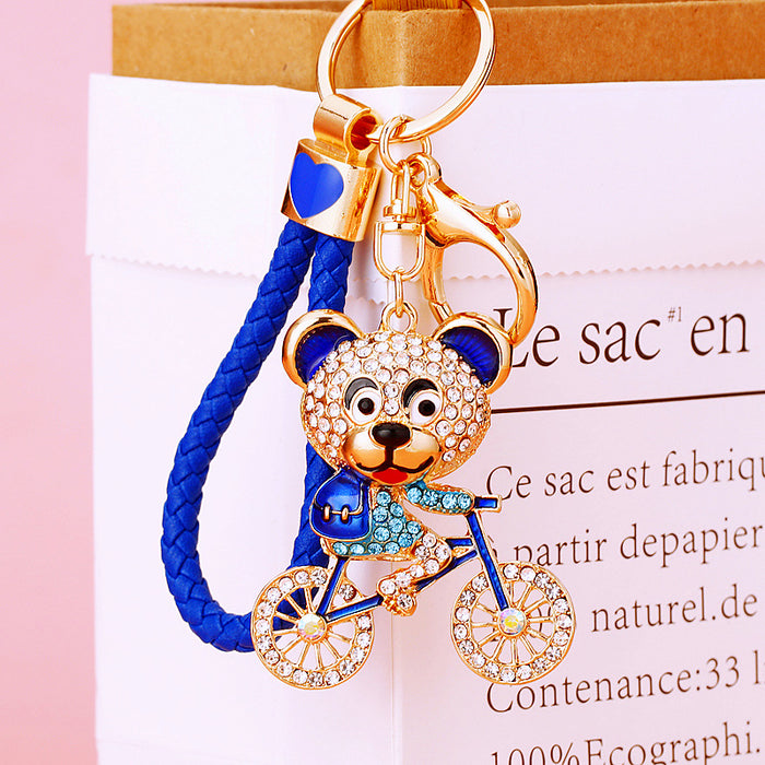Jeweled Bicycle Bear Keychains in Blue Red and Black with Braided Loops