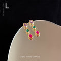 Gold Tone Purple Green Red Oval Stone Long Drop Stud Earrings view 4