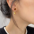 Brown Cabochon Stud Earrings with Gold Tone Gourd Drops view 3