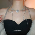Silver Tone Layered Chain Necklace with Crystal Tassel Drops view 1