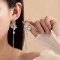 Silver Pink Butterfly Twin Chain Tassel Stud Earrings view 1