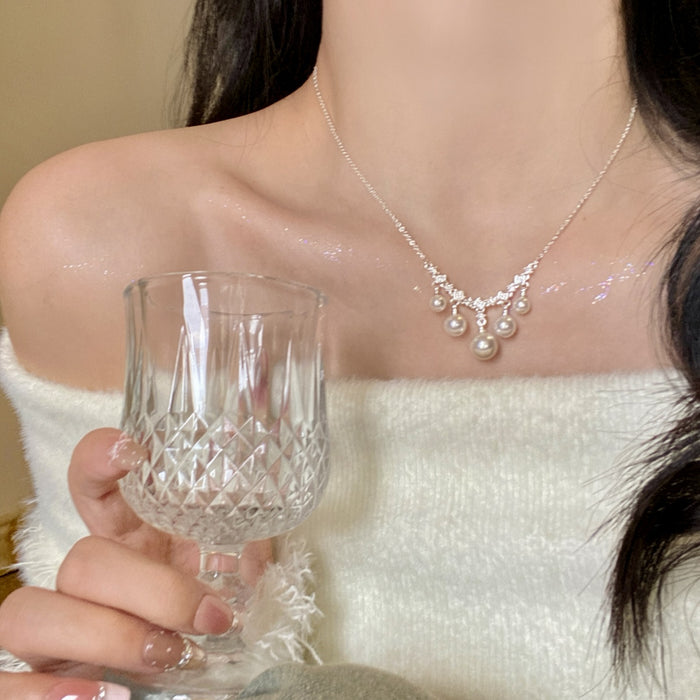 Silver Crystal Swag Necklace With Pearl Drop Accents
