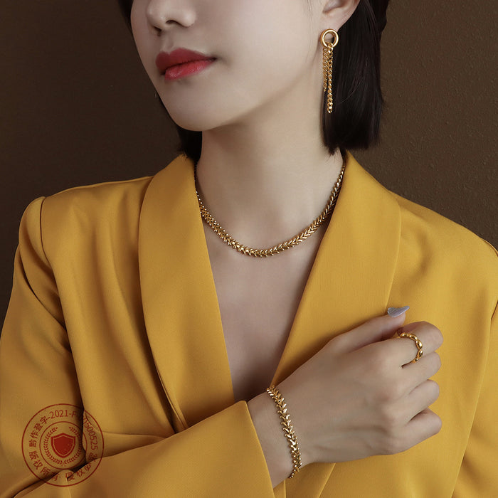 Leaf Chevron Chain Necklace And Bracelet Gold Steel Titanium