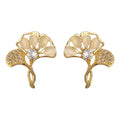 Gold Tone White Ginkgo Leaf And Clear Stone Stud Earrings view 5