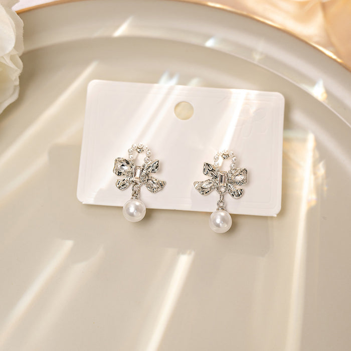 Silver Crystal Bow Pearl Drop Stud Earrings Pearl Loop