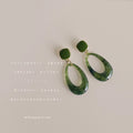 Dark Green Square Top And Marbled Open Teardrop Stud Earrings view 1