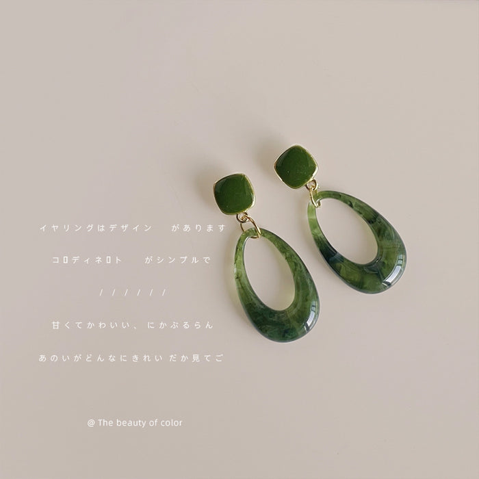 Dark Green Square Top And Marbled Open Teardrop Stud Earrings