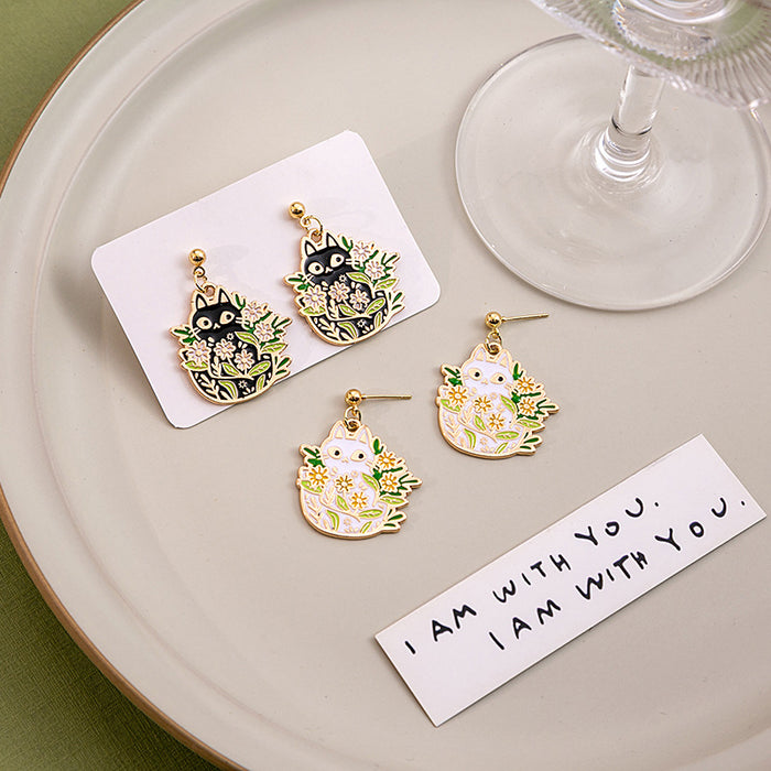White Cat Floral Enamel Stud Earrings Gold Outline Daisy Leaves
