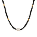 Black Glass Bead Necklace White Pearl Center Gold Accents view 5