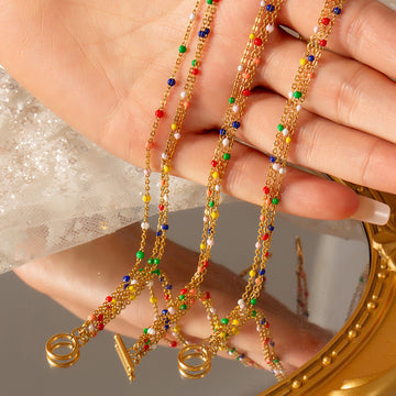 Multicolor Bead Layered Gold Necklace Bracelet Set Titanium Steel