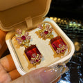 Floral Crystal Rectangle Drop Earrings in Red and Green view 6