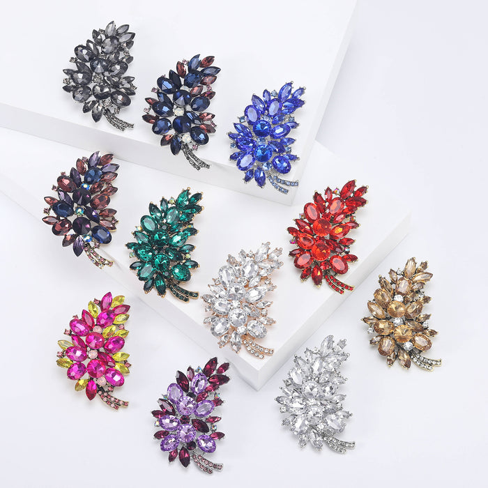 Crystal Leaf Cluster Rhinestone Brooch Eleven Colors