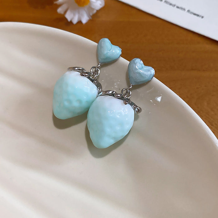 Blue Strawberry Stud Earrings with Textured Leaves and Gold Tone Tops